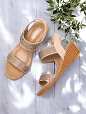 tanie Kobiety-damskie sandały na koturnie z kryształkami – brązowe, odkryte palce, elastyczne paski, wygodne buty na lato, okazje codzienne i eleganckie