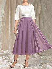 preiswerte Teelänge-A-Linie Brautmutterkleid Hochzeitsgast Elegantes Rundhals Tee-Länge Chiffon Satin Halbarm mit Perlen Raffung Midi Kleid 2025