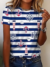 tanie Koszulka w paski i geometryczna-T-shirt dla kobiet w paski Ocean codzienny krótki rękaw okrągły dekolt regularne topy codzienne na wyjście weekend nadruk granatowa latem
