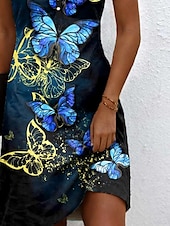 preiswerte Tiere Kleider-Damen Mini Kleid Freizeitkleid Sundress Sommerkleid Freizeit Urlaub Täglich Feiertag Regulär Fit Grafik Schmetterling Bohemian Ärmellos V-Ausschnitt Tintenblau Sommer Frühling