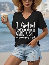 billige Humor og sitater t-skjorte-Dame Bluse Bokstaver Fritid Kortermet V-hals Vanlige topper Daglig Ut på byen Strand Klær Trykt mønster Svart Hvit Sommer