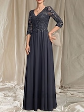 economico Lunghezza del pavimento-Linea ad A Abito da cerimonia per signora Ospite di nozze Elegante Scollo a V Lunghezza al pavimento Chiffon Manica 3/4 con Perline Applicazioni 2025