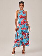 economico Abiti eleganti floreali-abito lungo in chiffon con volant floreale