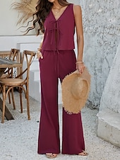 cheap Sets-Women&#039;s Active Basic Linen-Inspired Sets Two Piece Sets Vest Sleeveless V Neck Solid Color Lace up Casual Daily White Wine Dark Navy Summer Regular Fit