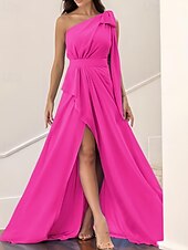 baratos Vestidos para Madrinhas-Vestido de mãe da noiva em corte A, elegante, vintage, simples, um ombro, comprimento até o chão, chiffon, sem mangas, com laço(s), cor sólida, fenda 2025