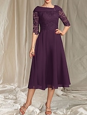 preiswerte Teelänge-A-Linie Brautmutterkleid Hochzeitsgast Elegante gewellte Ausschnitt Tee-Länge Chiffon Spitze Halbarm mit Spitze Perlen Midi Kleid 2025