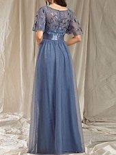 cheap Wedding Guest Dresses-A-Line Wedding Guest Dresses Elegant Dress Wedding Guest Floor Length Short Sleeve Crew Neck Fall Wedding Guest Lace with Glitter Sequin