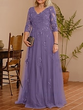 cheap Floor Length-A-Line Mother of the Bride Dress Wedding Guest Elegant V Neck Floor Length Lace Tulle 3/4 Length Sleeve with Beading Appliques 2025