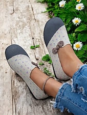 olcso Női lapos sarkú cipők-női kontraszt színű flyknit széles szabású felbújós lapos - légáteresztő, könnyű alkalmi mezítlábas cipő virágos díszítéssel