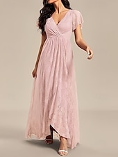 baratos Vestidos para Madrinhas-vestido de madrinha linha a decote em v manga curta elegante renda assimétrica com pregas / franzido 2025