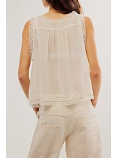 cheap Lace Tops-Women&#039;s T Shirt Blouse Plain Fashion Sleeveless V Neck Regular Tops Going out Weekend Lace Black White Brown Green Summer