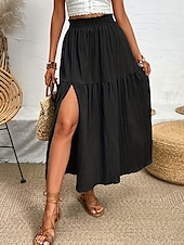 abordables Jupes unies-Femmes Jupe Évasé Mode Occasionnel Maxi Taille haute Jupes Couleur Unie A Volants Fendu Micro-Élastique Décontracté Quotidien Week-end Noir Bleu Vert Été Polyester