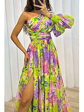 cheap Elegant Floral Dresses-Women&#039;s Long Dress Maxi Dress Prom Dress Party Dress Print Dress Elegant Fashion Party Special Occasion Regular Fit Flower Long Sleeve One Shoulder Yellow Purple Green Summer