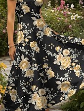 abordables Robes fleuries-Femmes Robe maxi Robe Décontractée Robe trapèze Robe d&#039;été Vacances ancien Ethnique Coupe régulière Fleuri Graphique Manche Courte Col carré Jaune Été Printemps