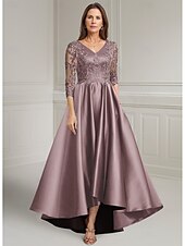 cheap Floor Length-Purple A-Line Mother of the Bride Dress Elegant Vintage V Neck Asymmetrical Satin Long Sleeve with Lace Appliques Solid Color
