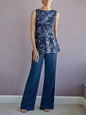 preiswerte Unter 129,99 $-Dreiteilig Hosenanzug Brautmutterkleid Elegant Rundhalsausschnitt Bodenlang Polyester Langarm mit Perlenstickerei 2025
