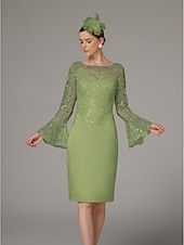 preiswerte Teelänge-Sheath Kleid Mutter der Braut Kleid Elegantes Vintage Luxuriös Juwelen-Hals Knie-Länge Satin Spitze Langarm Tee-Länge mit Applikationen