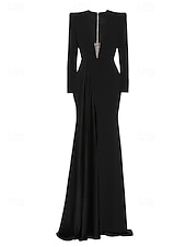 baratos PRETO-Vestido de noite em A-line vestido elegante formal cauda de arraste mangas longas gola em V crepe elástico com pregas fenda