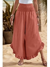 economico Pantaloni in lino e cotone semplici-Per donna Pantaloni in cotone e lino Pantaloni Eleganti Moda Streetwear Lunghezza intera Naturale Semplice Volant Elastico in vita All&#039;aperto Confortevole All&#039;aperto Vacanza Uscire Rosso arancione