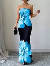 cheap Elegant Floral Dresses-Women&#039;s Long Dress Maxi Dress Prom Dress Bodycon Summer Dress Elegant Fashion Party Holiday Date Regular Fit Flower Sleeveless Strapless Red Blue Summer Spring