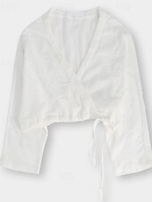billige Skjorter-Dame Linskjorte Bluse عادي Fritid Langermet V-hals Crop Tops Daglig Ut på byen knyte foran Hvit Gul Brun Sommer
