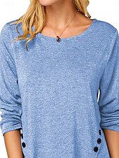 baratos Blusas Simples Femininas-Mulheres Blusa Tecido à moda Casual Manga Longa Gola Redonda Tops regulares Diário Botões Branco Azul Céu Roxo Marron Verão Primavera