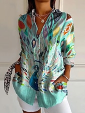 cheap Animals Tops-Women&#039;s Shirt Floral Graphic Bird Daily Stylish Casual Long Sleeve Shirt Collar Regular Tops Work Daily Buttons Print Red Blue Sky Blue Orange Green Summer Spring