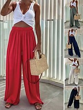 お買い得  パンツ-女性用 ワイドレッグ パンツ ストリートファッション カジュアル ロング丈 ハイウエスト 平織り 弾性巾着デザイン ハイカット 通気性 ソフト マイクロエラスティック バケーション ストリート デイリーウェア ブラック ライトグリーン ルビーレッド ネイビーブルー 夏 レギュラー