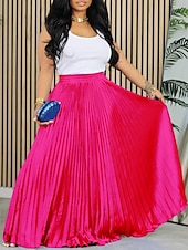 abordables Jupes unies-Jupe femme jupe maxi jupe en A couleur unie swing mode décontractée maxi taille haute jupes plain plissées micro-élastique rue quotidienne fuchsia été polyester