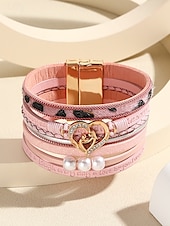 abordables Bracelet pour femme-Bracelet magnétique en similicuir pour femme – Bracelet manchette en alliage avec breloque cœur et perle et texte inspirant, bijou tendance style bohème, idéal pour la fête des mères, les anniversaires et les tenues décontractées.