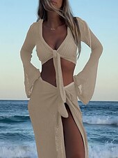 abordables Robes de plage-Maillots de bain pour femmes jupe de couverture 2 pièces maillot de bain découpé vacances plage vêtements couleur unie à col rond manches longues maillots de bain