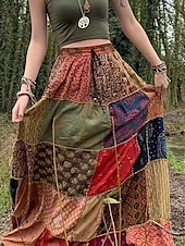 billige Boho skjørt-Dame الالتفاف Fritid Bohem Maksi Mellomhøyt liv Skjørt Blomstret Trykt mønster Mikroelastisk Feriereise Gate Rød Blå Sommer Polyester