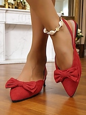 cheap Women&#039;s Flats-Women&#039;s Red Bow Pointed Toe Slingback Flats – Elegant Suede Ballet Shoes for Casual Wear, Work, and Special Occasions