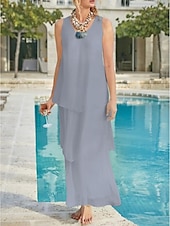 economico Lunghezza del pavimento-Matrimonio in Spiaggia Abito Madre della Sposa Linea A Ospite di Matrimonio Elegante Semplice Collo a V Lunghezza Caviglia Chiffon Senza Maniche con Strati Colore Solido 2025 misura personalizzata