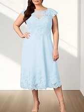 abordables Longueur du thé-Robe Mère de la Mariée A-Line Invité de Mariage Élégante Col Ronde Mi-Longue en Chiffon À Manches Courtes avec Appliques Robe Midi 2025