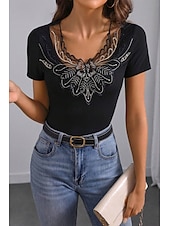 billige Plain t-skjorte-Dame Boho skjorte Bluse Blomsternål i krystall Moderne Fritid Kortermet V-hals Vanlige topper Daglig Ferie Ut på byen Lapper Broderi Svart Sommer