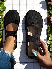 billige Flate sko til kvinner-strikkede, kryssreimer for kvinner med bred passform mary jane flats – lette flystrikkede barfotsko for våren og daglig bruk
