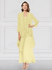 cheap With Jacket-Green Blue Pink Two Piece A-Line Dress Sets Mother of the Bride Dress Elegant Crew Neck Ankle Length Chiffon Long Sleeve Jacket Dresses with Lace Ruffles Tier 2025