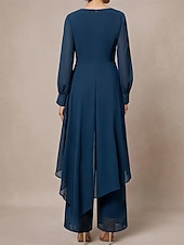 preiswerte Unter 129,99 $-Hosenanzug Brautmutter Klassischer Rundhalsausschnitt Asymmetrischer Saum Chiffon Lange Ärmel mit Einfarbig