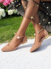 cheap Women's Flats-Women's Burgundy Pointed Toe Flats – Suede Shoes with Pearl Anklet Strap for Elegant Daytime Dates