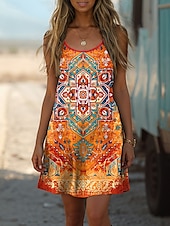 ieftine Rochii florale-Pentru femei Rochie Mini Rochie A line Rochie de vară Vacanță Casual Boho Zilnic Potrivire Largă Grafic Tribal Fără manșon În U Portocaliu Vară