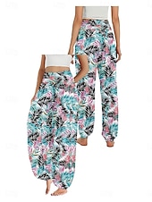 economico Pantaloni in cotone e lino con grafica-Per donna Pantaloni ispirati al lino Gamba larga Pantaloni Stile Etnico Casual Boho Lunghezza intera Vita Alta Floreale Foglia Tropicale Tasca Elastico in vita Stampa Traspirabilità Morbido