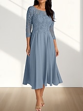 abordables Longueur du thé-Robe Mère de la Mariée A-Line Invité de Mariage Élégante Col Arrondi Longueur Thé Chiffon Manches 3/4 avec Plis Appliques Robe Midi 2025