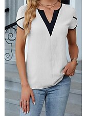 abordables Hauts Unis pour Femmes-Femmes Chemisier Bloc de Couleur Moderne Occasionnel Manche Courte Col en V Hauts Réguliers Fête Sortir Patchwork Noir Blanche Vert Abricot Été