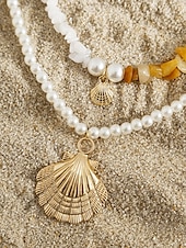cheap Women&#039;s Necklace-Women&#039;s Boho Layered Shell and Bead Necklace Set – Beach-Style Turquoise Pendant and Gold Charms for Summer Vacations and Festivals