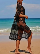 preiswerte Strand Tops-Damen Badeanzug Überwurf Bademode Spitze Patchwork Tropisch Strandbekleidung Einfarbig V-förmiger Draht-Ausschnitt Kurze Ärmel Badeanzüge