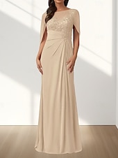preiswerte Bodenlänge-A-Linie Brautmutterkleid Hochzeitsgast Elegant Rundhalsausschnitt Bodenlang Chiffon Ärmellos mit Applikationen Raffung 2025