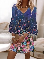 economico Abiti floreali-Per donna Mini Abito Vestito Estivo Abito a trapezio Vacanza Casual Boho Spiaggia Vestibilità regolare Ombre Floreale Grafico Manica 3/4 Scollo a V Colourful Rosa Azzurro cielo Blu inchiostro Estate