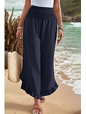 economico Pantaloni in lino e cotone semplici-Per donna Pantaloni in cotone e lino Pantaloni Eleganti Moda Streetwear Lunghezza intera Naturale Semplice Volant Elastico in vita All&#039;aperto Confortevole All&#039;aperto Vacanza Uscire Rosso arancione