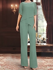 cheap Mom&#039;s Pant Suits-Pantsuit Mother of the Bride Dress Wedding Guest Elegant Simple Square Neck Floor Length Polyester Short Sleeve with Solid Color